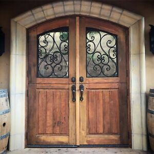 Rustic Solid Reclaimed Lumber Double Arched Door Dutch Winery Castle Glass Iron