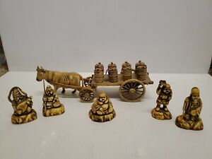 Vintage Handcrafted Ox Cart W Rice Barrels And 5 Numbered Figurines Pre Owned