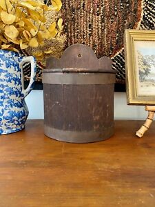 Unique Antique Staved Wooden Hanging Salt Box With Scalloped Top And Lid