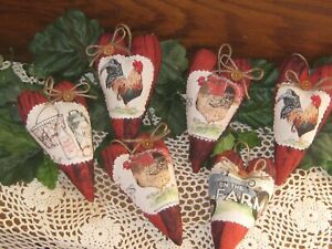 Country Decor 6 Rooster Chicken Hearts Bowl Fillers Handmade Tree Ornaments