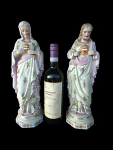 Pair 1950 German Porcelain Bisque Sacred Mary Jesus Statue Religious
