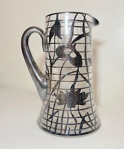 Antique Ornate Sterling Silver Overlay Flower Glass Water Pitcher Vase Claret