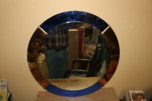 Rare Large 30 Art Deco Mcm Vintage 1930s Cobalt Blue Peach Glass Wall Mirror