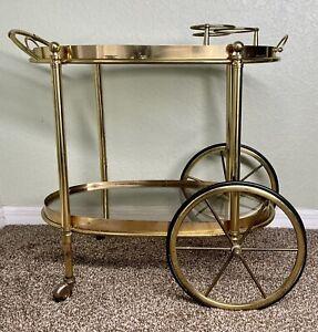 1960s Maison Jansen Style Oval Brass Glass Bar Cart Serving Trolley