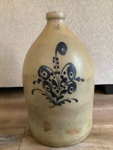 Antique Primitive 4 Gallon Flower Stoneware Jug Salt Glaze Cobalt Crock