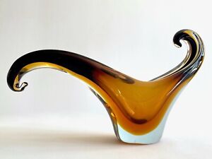 Mid Century Modern Topaz Sienna Murano Art Glass Sommerso Sculptural Scroll Bowl