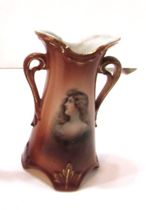 Old 1890 S Austria Brown Porcelain 6 Tall Antique 2 Handle Woman Portrait Vase