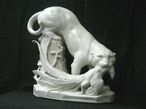 Germany Panther Peacock Antique Porcelain Large Rare Art Deco Figurine Animal