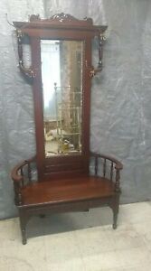 Antique Oak Hall Seat Hall Tree Original Finish Beveled Mirror Unusual