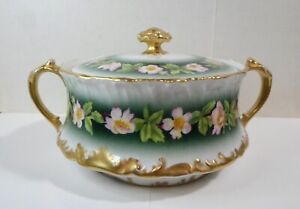 Antique T V Limoges Biscuit Jar Pink Flowers French Porcelain Gold Trim 6 5 D