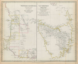 Western Australia Van Diemen S Land Tasmania Sduk 1844 Old Antique Map