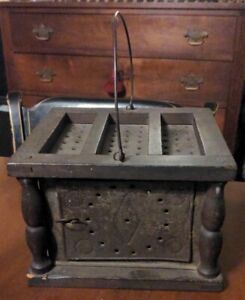 Antique Foot Warmer American Punched Tin Turned Wood 19th Century Country 