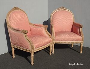 Pair Antique French Louis Xvi Pink Bergere Chairs Carved Ornate Frames