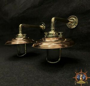 Pair Of 2 Maritime Antique Brass Swan Neck Wall Sconce Light With Copper Shade