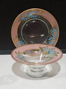 Antique Victorian Style Pink Glass Enamel Flowers Mayonaise Bowl Plate