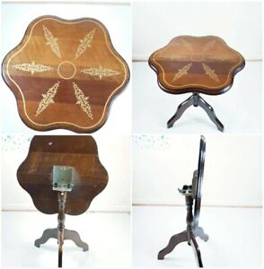 Vintage Tilt Top Table 3 Leg Pie Crust Edge Hand Painted Art Quality Hard Wood