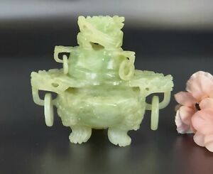 Vintage Jade Carved Stone With Dragon Heads Incense Burner With Lid