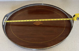 19th C Large English Mahogany And Inlaid Silver Plate Gallery Serving Tray