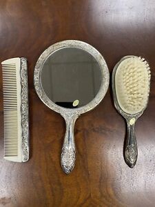 Vintage Silver Tone Brush Comb And Hand Mirror Dresser Set