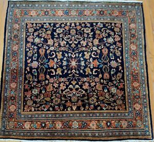Excellent Square Antique Kashann Navy Hand Knotted Wool Oriental Rug 4 X 4 