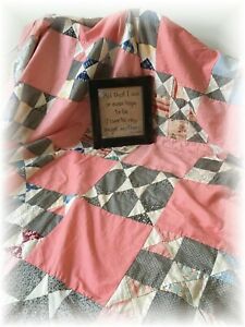 Early Vintage Quilt Top Nine Patch Black Pink Hand Stitched 68 X 72 Antique