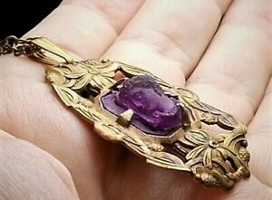 1910 Amethyst Glass Cameo Head Full Curls Jewelry In Floral Brass Necklace Ooak