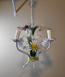 Vintage Florentine Italian Tole Chandelier Ceiling Light Lily Flowers 3 Arms