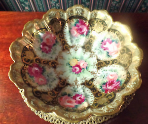Rare Antique Nippon Maple Leave Hand Painted Roses Massive Gold Gild Bowl