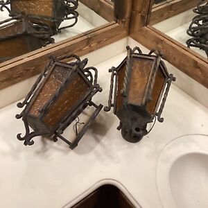 Pair Of Gothic Spanish Style Wrought Iron Stained Glass Wall Lamp Amber Crackle