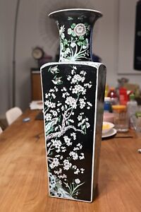 A 19th Century Chinese Export Famille Noir Square Vase With Kangxi Mark