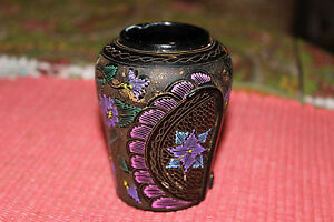 Original Miniature Hand Painted Asian Wood Resin Vase Colorful Patterns Detailed