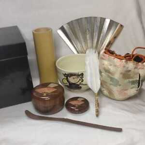 Japanese Tableware Tea Ceremony Utensils Set W Black Lacquer Wooden Box