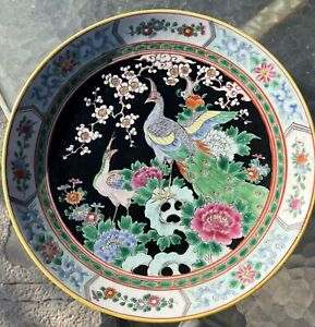  Lovely 12 Antique Famille Noir Enamel Porcelain Platter Peacock Flowers
