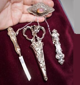 Sewing Chatelaine Pink Brooch Scissors W Sheath Knife Needle Holder Necklace