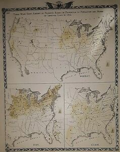 Vintage 1876 United States Map Hay Corn Wheat Crops Free S H