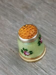 Antique Sterling Silver Enamel Flower Amber Top Thimble Germany Circa 1900s