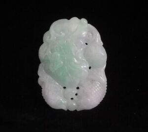 Chinese Old Hand Carving Lotus Leaf Fish White Green Emerald Jadeite Pendant