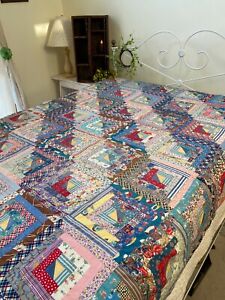 Early Vintage Quilt Top Log Cabin Blue Cottage Hand Stitched 70 X 80 Antique