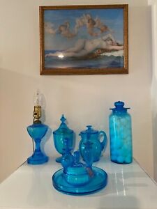 Htf Vintage 10 1 2 Blue Depression Glass Apothecary Jar Capri Blue Color Tone