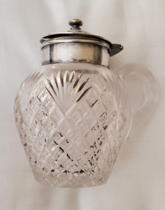 English Victorian Cut Glass Silver Jug W Lid Spoon Strawberry Diamond Cut