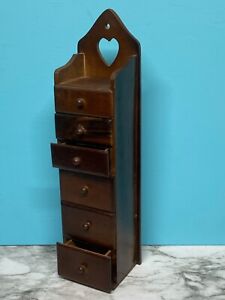 Vintage Small 6 Drawer Wooden Wall Treasure Chest Cabinet W Heart Cutout