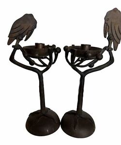 Antique Gothic Brutalist Cast Iron Candlesticks Birds Ravens Tilt 14 