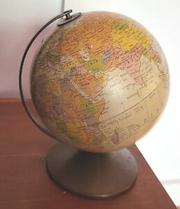 Vtg Metal Globe Bank By Replogle Tan World Globe On Stand With Metal Stopper Cap