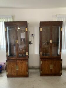 Pair Of Henredon Scene One Campaign Style Narrow Curio China Display Cabinets