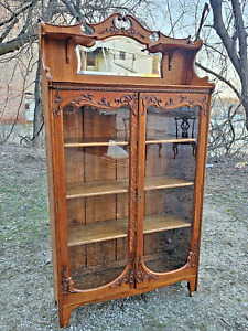 Antique Victorian Oak Double Door China Bookcase Display Cabinet By Horner