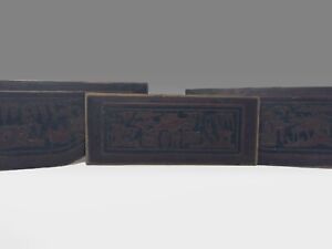 Antique Set Of 3 Chinese Qing Dynasty Wood Relief Panel 14 X 6 