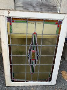 Rare Antique Leaded Stained Glass Window Pane Panel Transom Wood Frame 29x40 5 