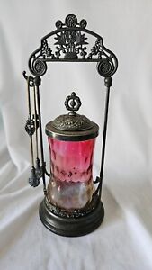 Antique Victorian Pink To Clear Coinspot Glass Pickle Castor W Stand Tongs