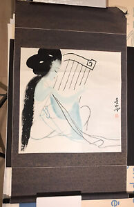 Vintage Asian Chinese Japanese Signed Scroll Painting Woman With Harp