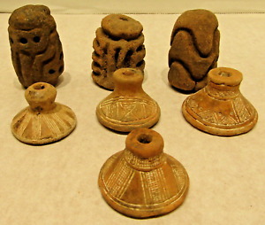 Antique Pre Columbian Mayan 7 Piece Lot Of Spindle Whorls And Carvings